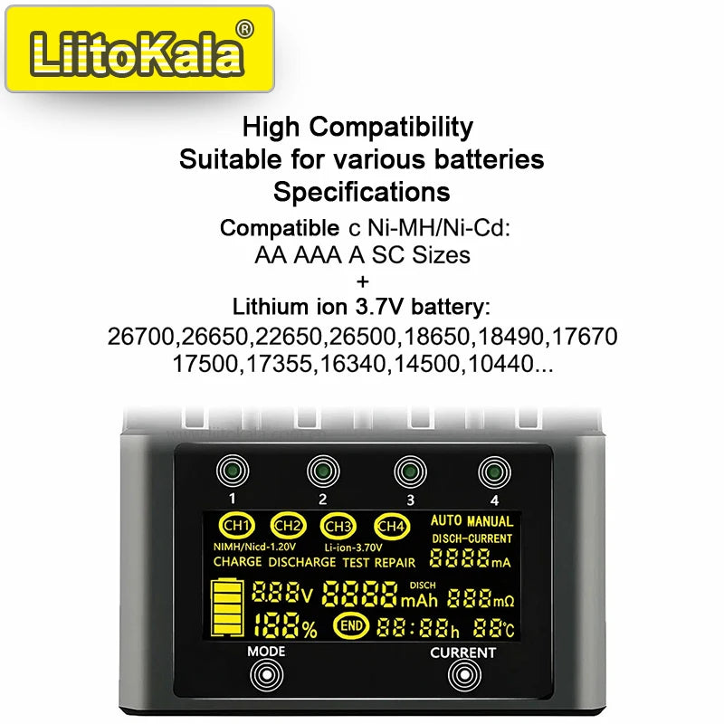 LiitoKala Lii-600 4 Bay LCD Smart Charger 3A Fast Charging 18650 21700 26650 26700 Li-ion NiMH AA AAA C Capacity Tester