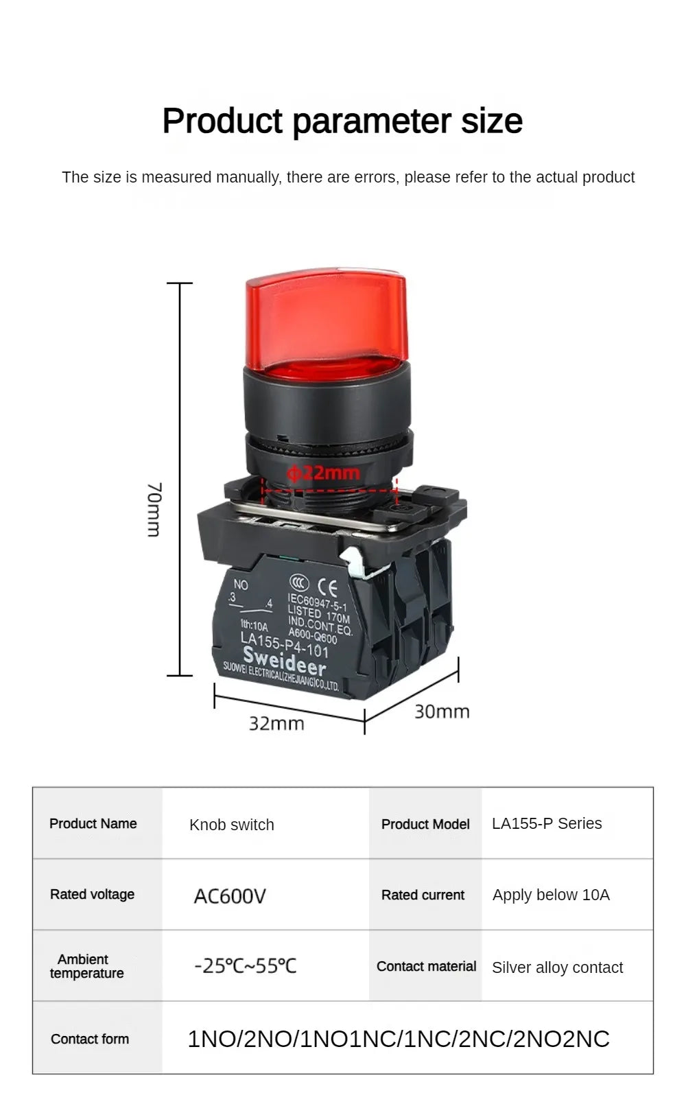 XB4 Knob Switch with LED 22mm 2/3Position Self Locking 1NO/2NO/1NO1NC Select Rotary Switch with Light 12V 24V 220V 10A Red Green