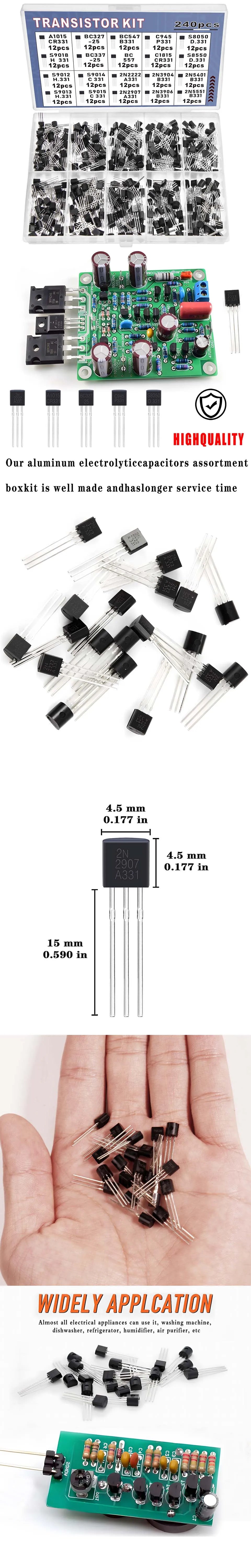 240pcs 24 Values BJT Transistor Kit Pnp Npn 20 Values a1015 2n2222 Bc327 Bc337 c1815 s8050 s8850 c945s9014 s9015 s9018 2n5551
