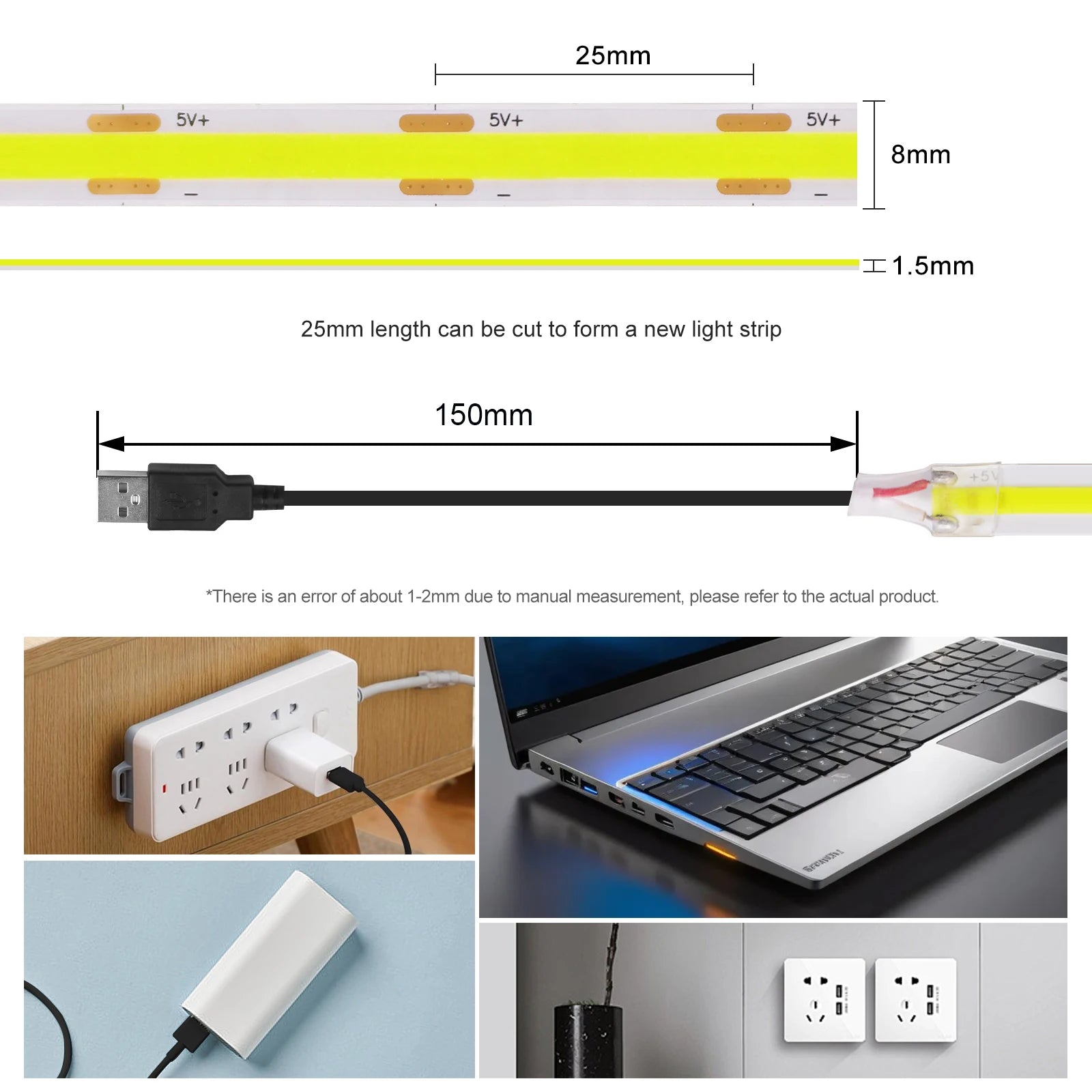 DC 5V USB COB Strip Width 8MM Flexible LED Strip Cabinet Light Lamp Home Decor TV Backlight Pink/Red/White/Ice Blue/Yellow/Green