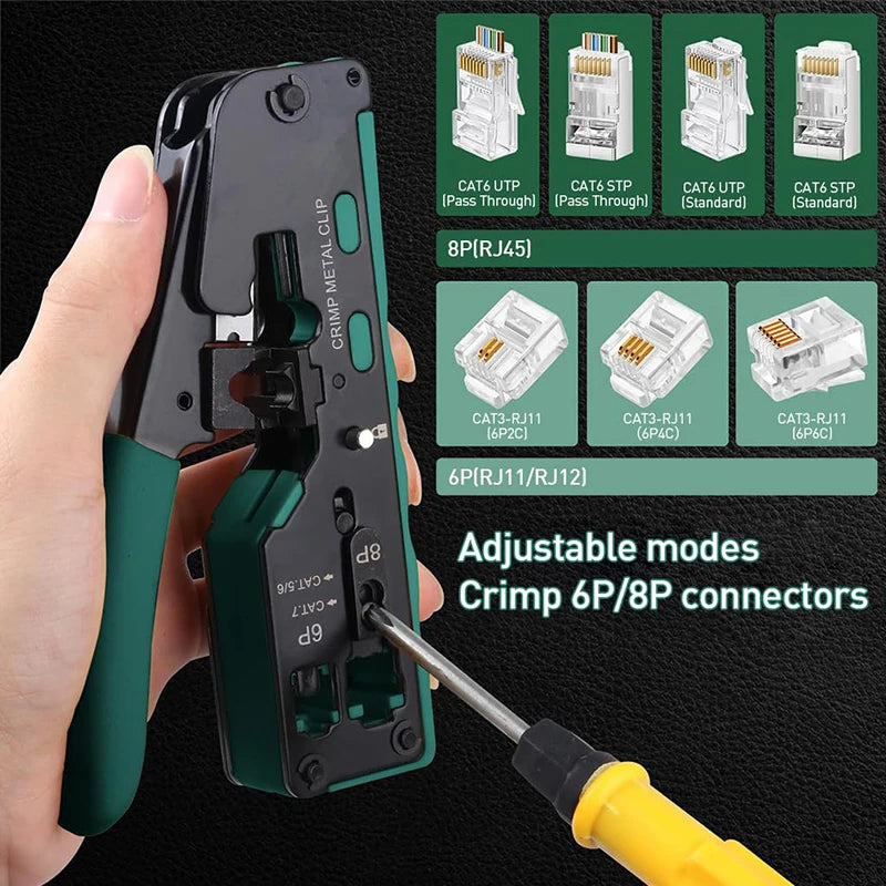 New Rj45 Rj12 Rj11 Pass Through Crimp Plier Cat7 Cat6 Cat6A Cat5 Cat5e Stripping Crimping Tool with 8P/6P Ethernet Connectors