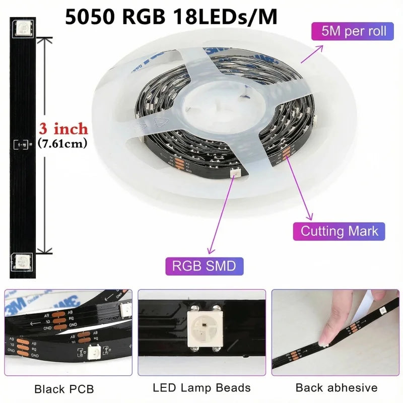 5050 RGB LED Strip Light SMD USB Remote&APP Control Bluetooth Flexible Tape Diode Ribbon for Living Room Bedroom TV Backdrop