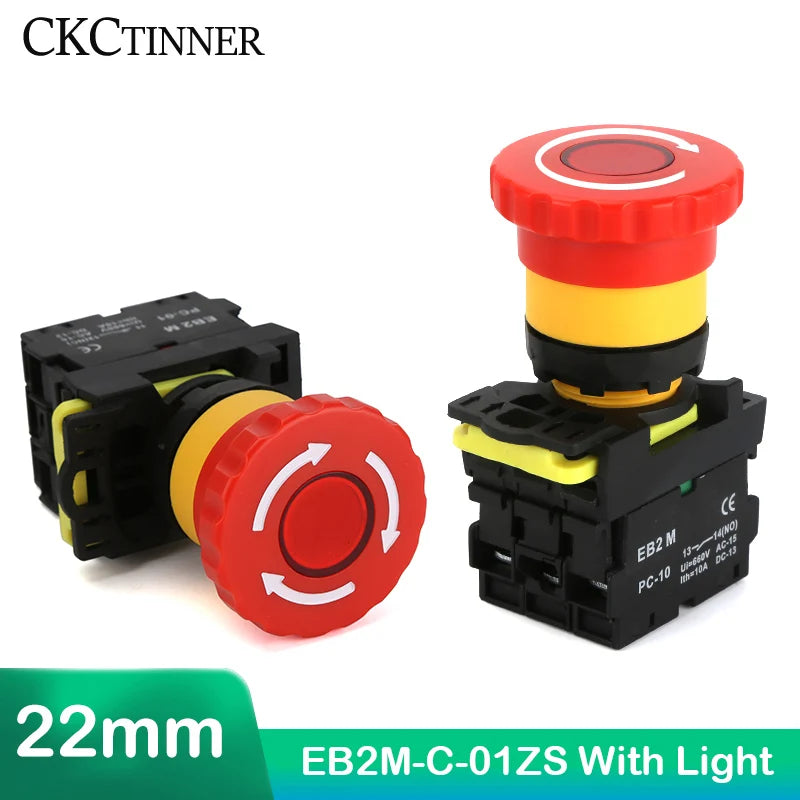 EB2M-C-01ZS Mushroom Cap Emergency Stop Rotary Switch 22mm Waterproof 10A Current Self-locking Button With lamp 10A AC 660V