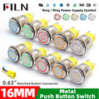 FILN 16mm 19mm 22mm Stainless Steel Waterproof LED Indicator Metal Push Button  Switch Power Symbol   Start Stop Power on Off