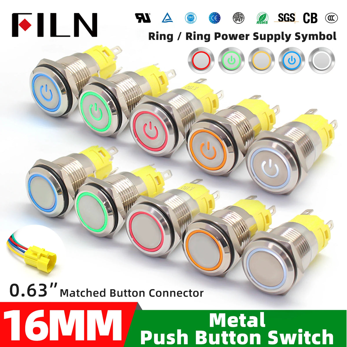 FILN 16mm 19mm 22mm Stainless Steel Waterproof LED Indicator Metal Push Button  Switch Power Symbol   Start Stop Power on Off