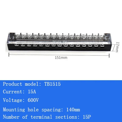 TB15A 25A 45A Copper Wiring Terminal Block 3/4/5/6/8/10/12 Position Electrical Connector Board Current Terminal Strip