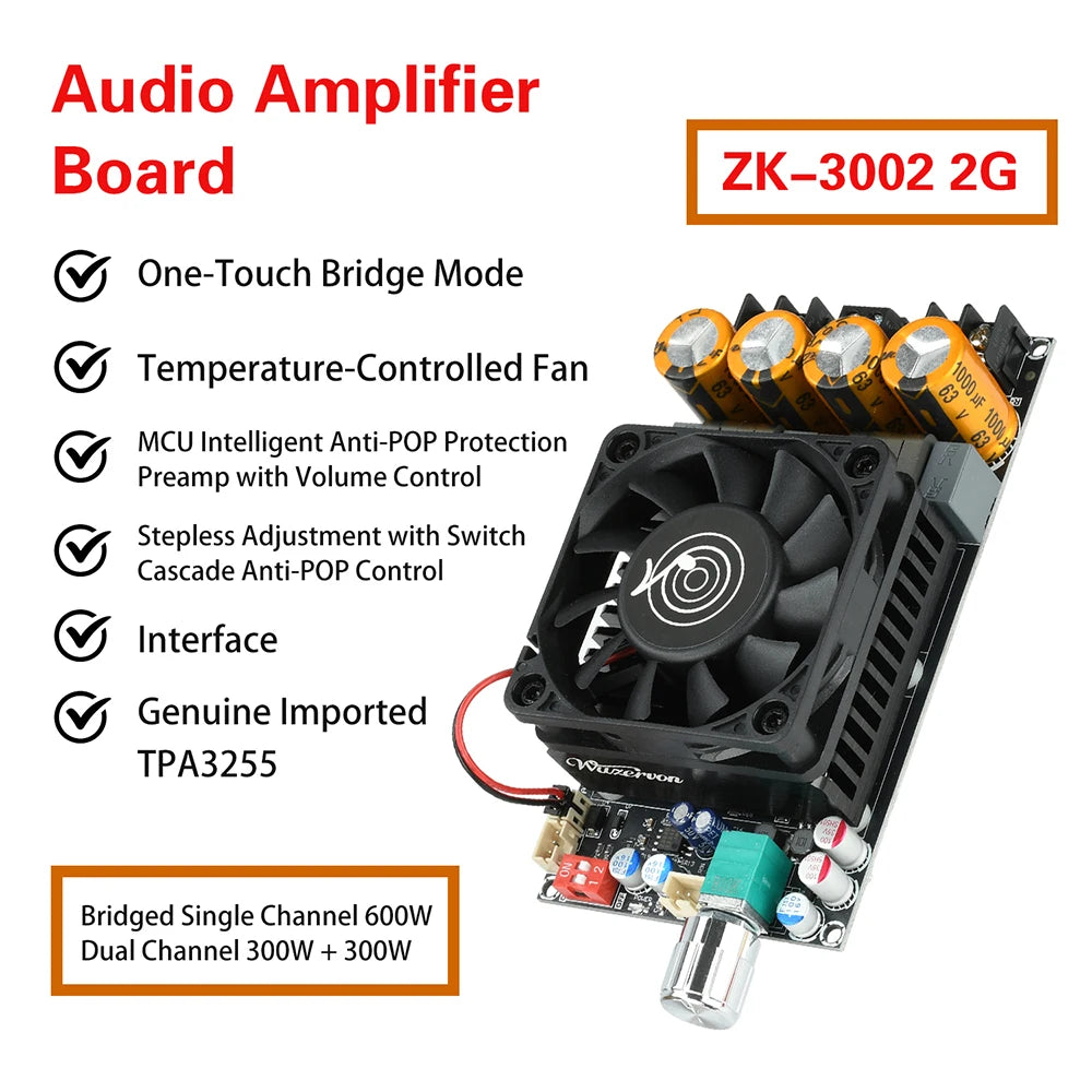 DC 18-50V ZK-3002 2G Second-Generation Upgraded Pure Post Amplifier Board 300W+300W Dual Channel Mono Amplifier Chip TPA3255