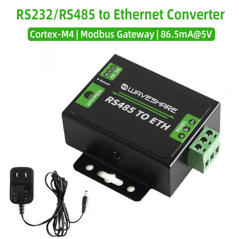 Industrial RS232/RS485 to ETH Ethernet Converter Dual Serial Ports Cortex-M4 Microcontroller Modbus Gateway Websocket Low Power