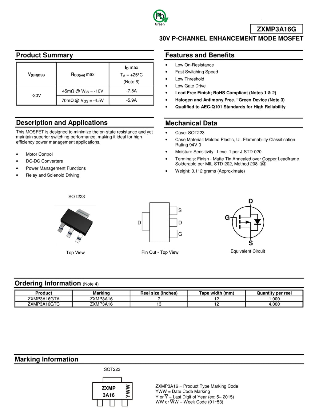 10PCS ZXMP3A16GTA C Marking ZXMP3A16 SOT-223 30V 5.9A 7.5A 2W P-Channel NEWOriginal Field-Effect Transistor MOSFET ZXMP3A16GTC A