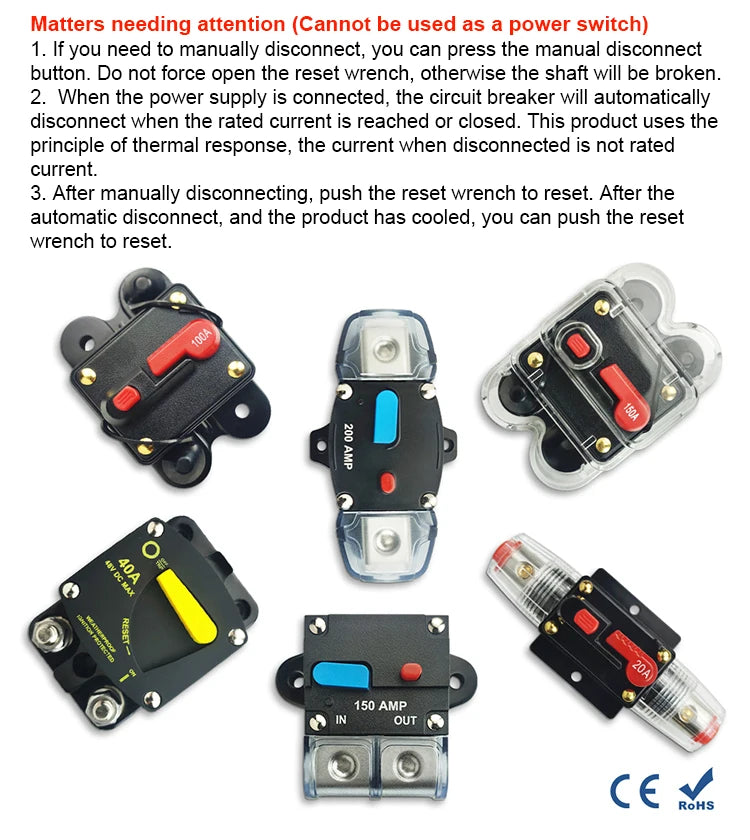 Circuit Breaker Reset Fuse 12v 24v 48v DC 20A-300A 250A Solar Fuse Car Boat Audio Manual Power Protect Fuse Resettable Insurance