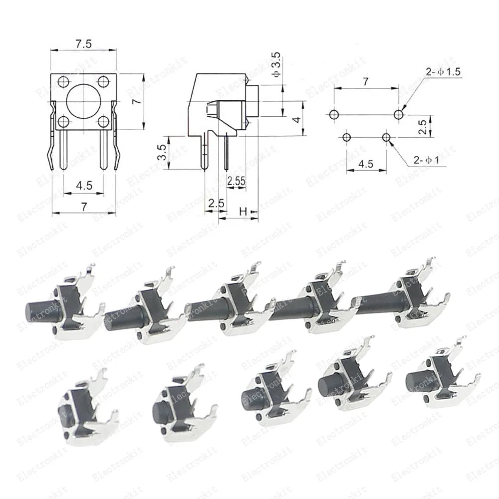 100pcs 10value 6x6mm Panel PCB Momentary Tactile Tact Mini Switch kit Box6*6*4.3/5/6/6.5/7/8/9/10/11/12mm Right Angle With stent