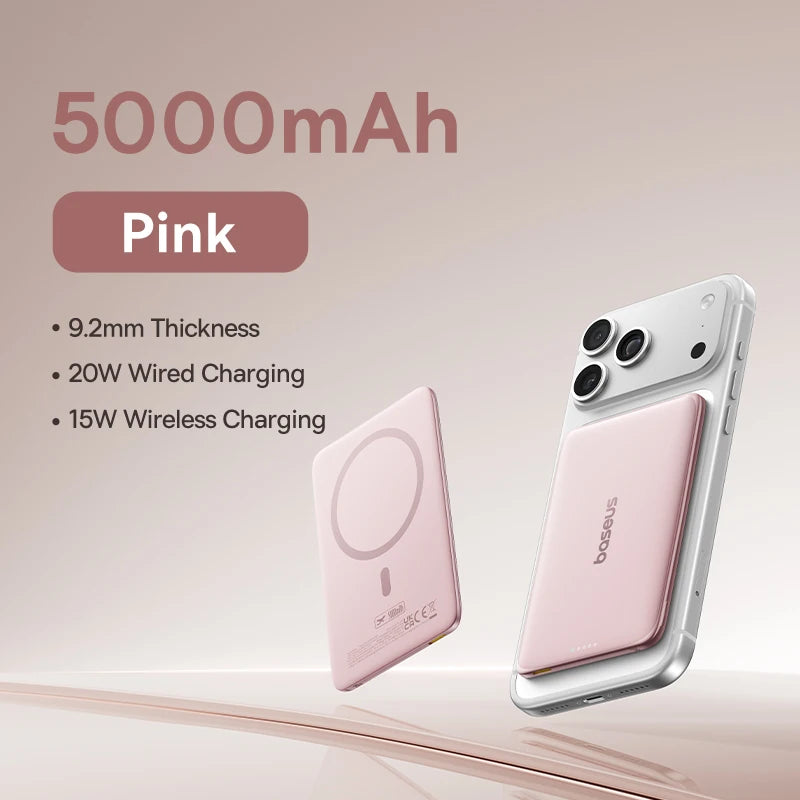 Baseus 5000mAh Magnetic Power Bank 15W Wireless 20W Wired Charging Thin Card-Sized Slim Portable Powerbank for iPhone 17 Samsung