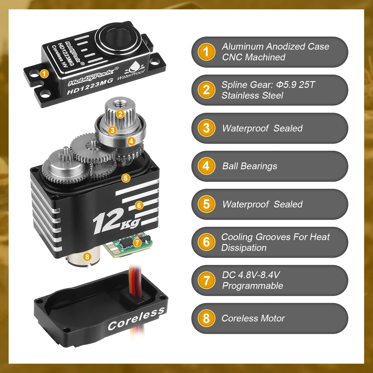 HobbyPark Waterproof 12kg HD1223 Digital High Torque Coreless Metal Gear Servo with Mount Arm Link Set for TRX4M 1/18 RC Crawler