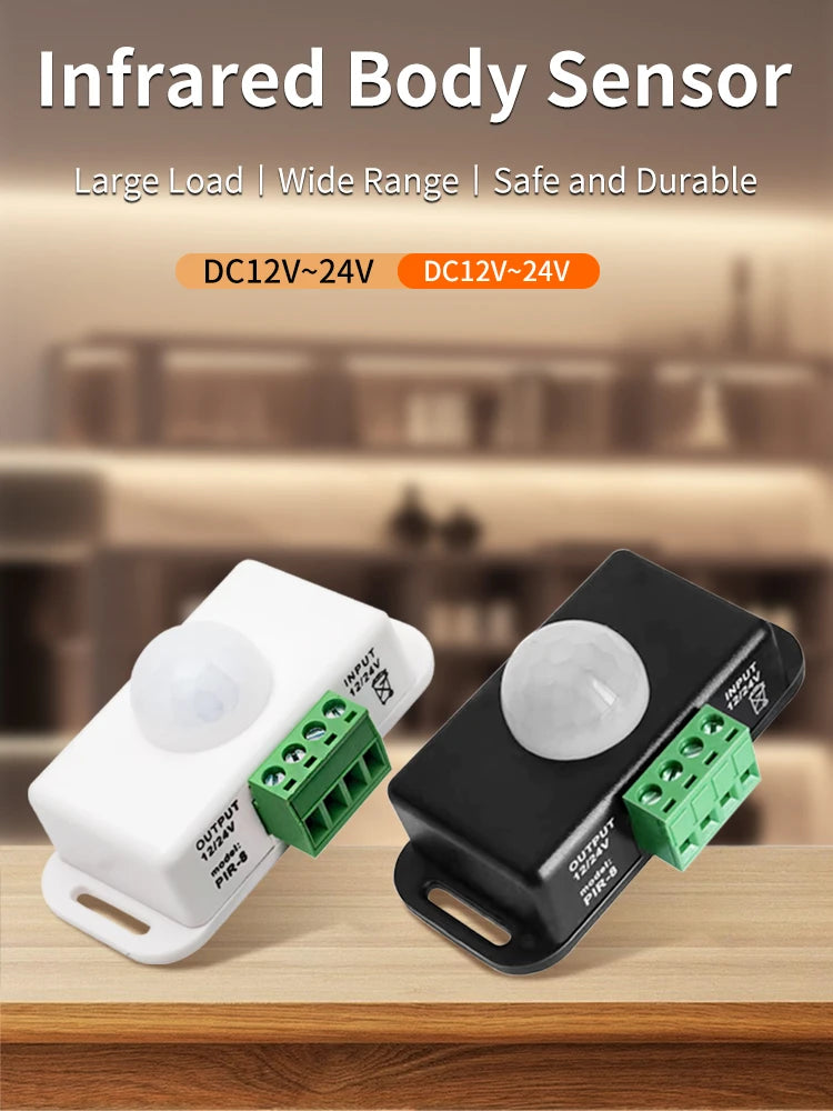 DC 12-24V PIR Motion Sensor Switch - Adjustable Delay Infrared Human Detection Ideal for LED Lights and Wardrobe Strip