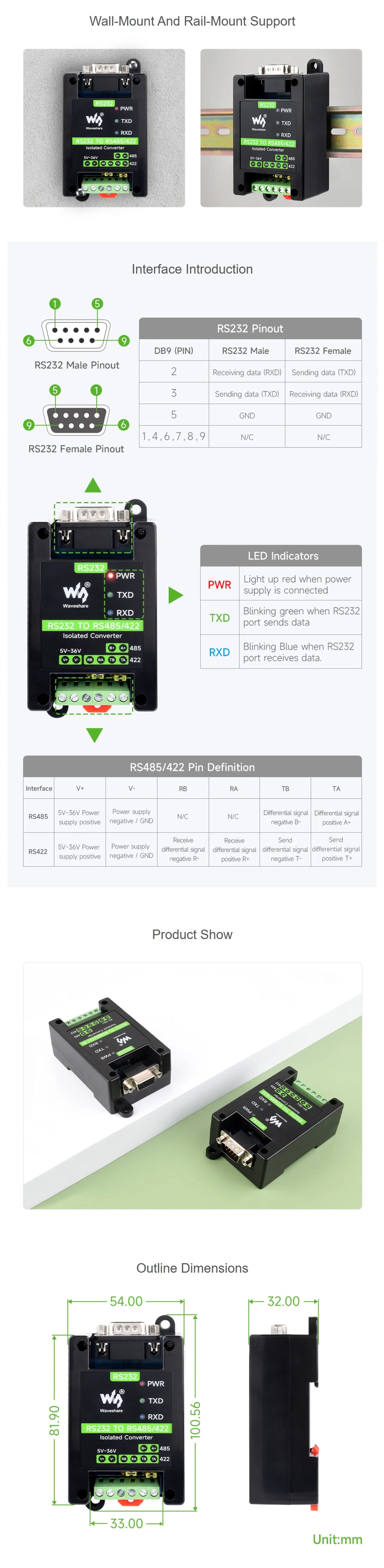 Waveshare RS232 To RS485/422 Active Digital isolated Converter Onboard SP3232EEN and SP485EEN Chips, with ABS Case