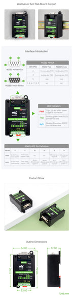 Waveshare RS232 To RS485/422 Active Digital isolated Converter Onboard SP3232EEN and SP485EEN Chips, with ABS Case