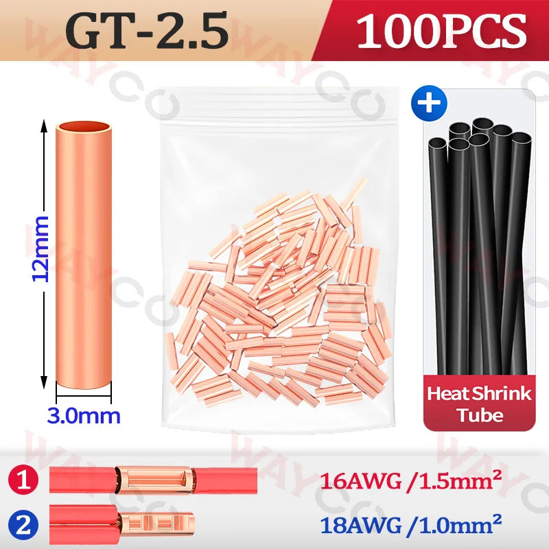 100PCS GT Copper Crimp Terminals Electrical Wire Cable Tubular Connectors Ring Sleeve Ferrules Lugs Have Heat Shrink Tubing