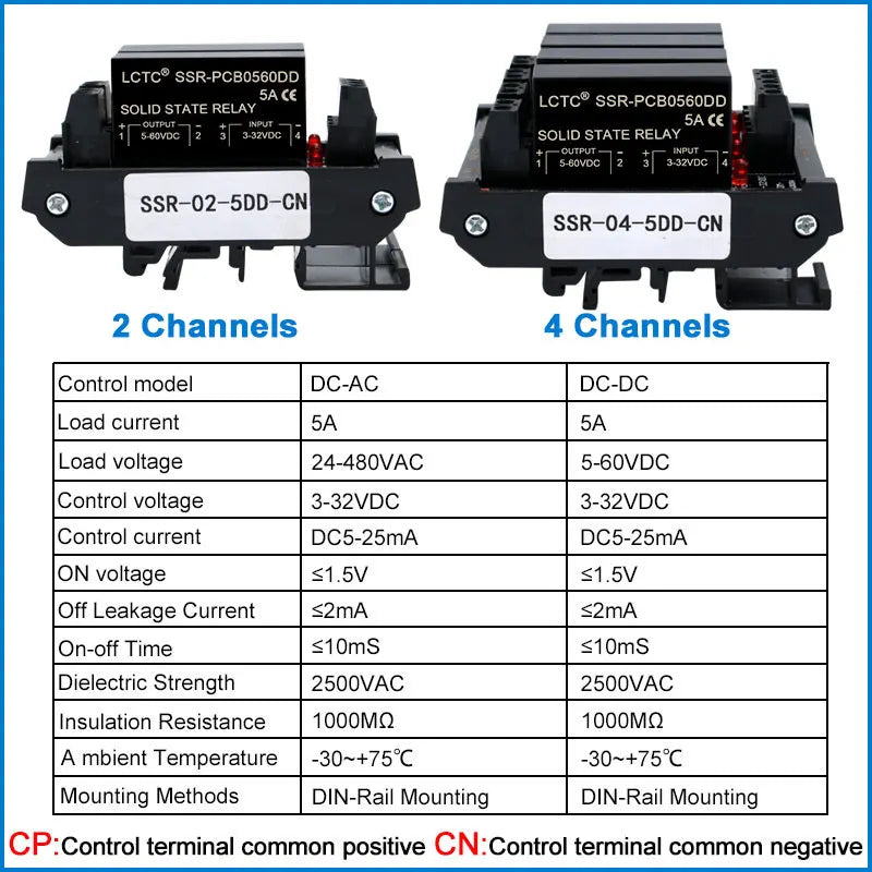 LCTC Solid State Relay Module 2 Or 4 Channels Relay DC TO AC DC TO DC 5A Common Positive Common Negative SSR DIN Mounted Relay