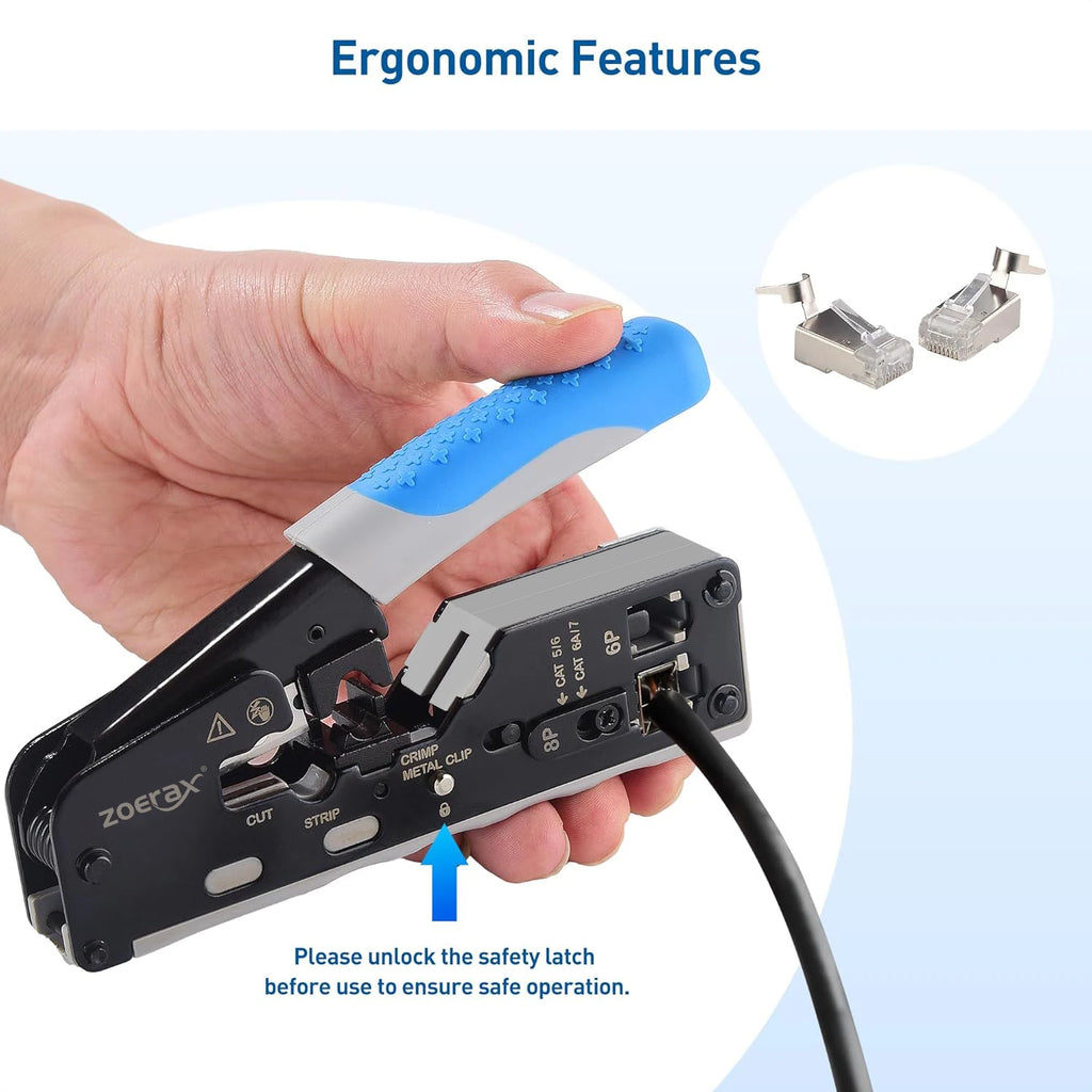 ZoeRax RJ45 Ethernet Crimping Tool for CAT8 Cat7 Cat6a Cat6 Cat5e Ethernet Connectors with wire stripping and cutting functions