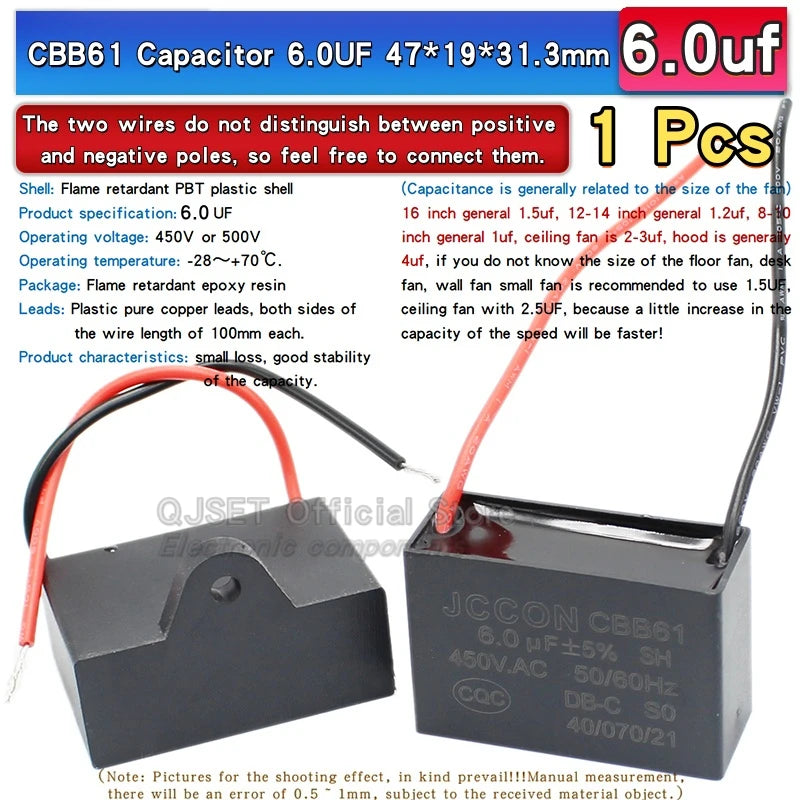 1pcs CBB61 Fan Starting Capacitor 450V 0.8/1/1.2/1.5/2/2.5/3/3.5/4/4.5/5/6/7/8/10/12/15/18/20UF Ceiling Fan Hood Motor Capacitor