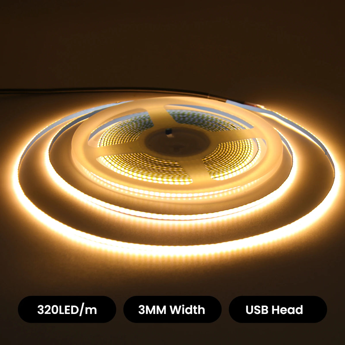 USB 3mm COB LED Strip Light 5V Flexible LED Tape with Dimmer/ON OFF Switch 320LEDs High Density Linear Lighting Backlight Decor