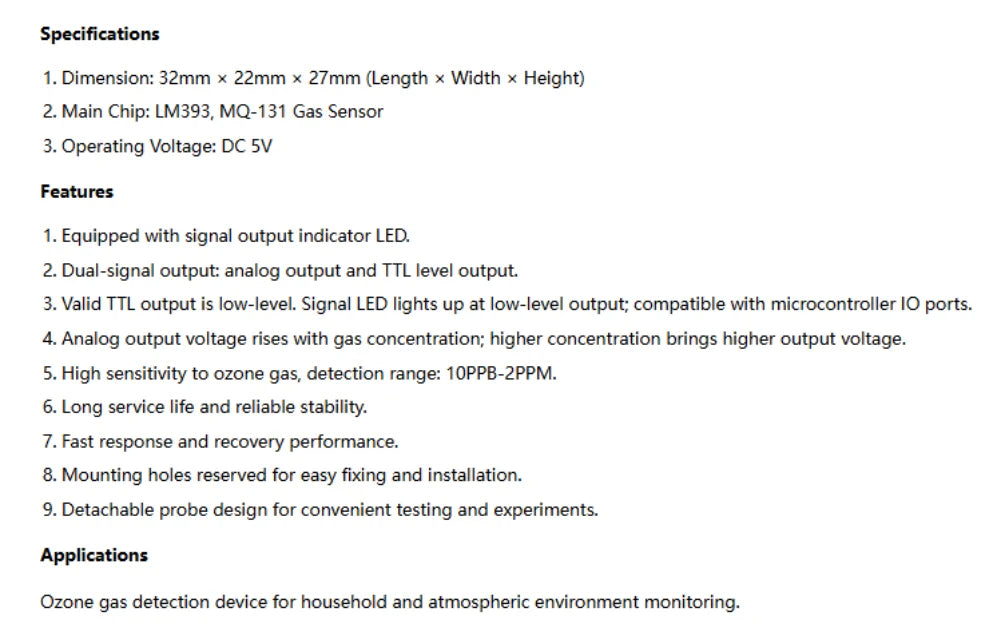 MQ-131 Ozone Gas Sensor Module 10-1000ppm O3 Analog Output TTL for Air Quality Monitor Arduino