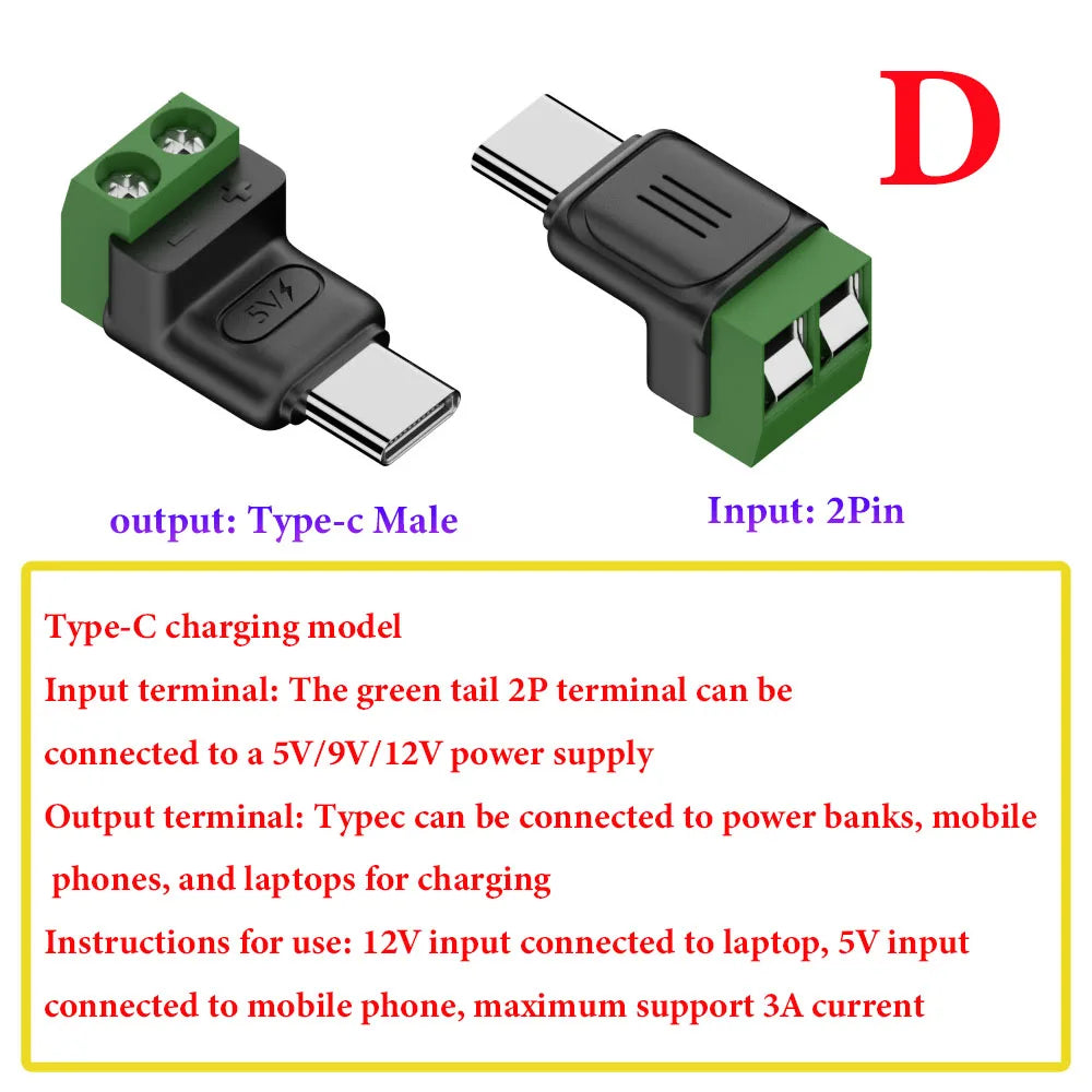 1Pcs 2Pin Type-C Adapter Quick Connection Head Type C Male Female Micro USB 5V To 2 Pin No Solder Green Terminal Adapter