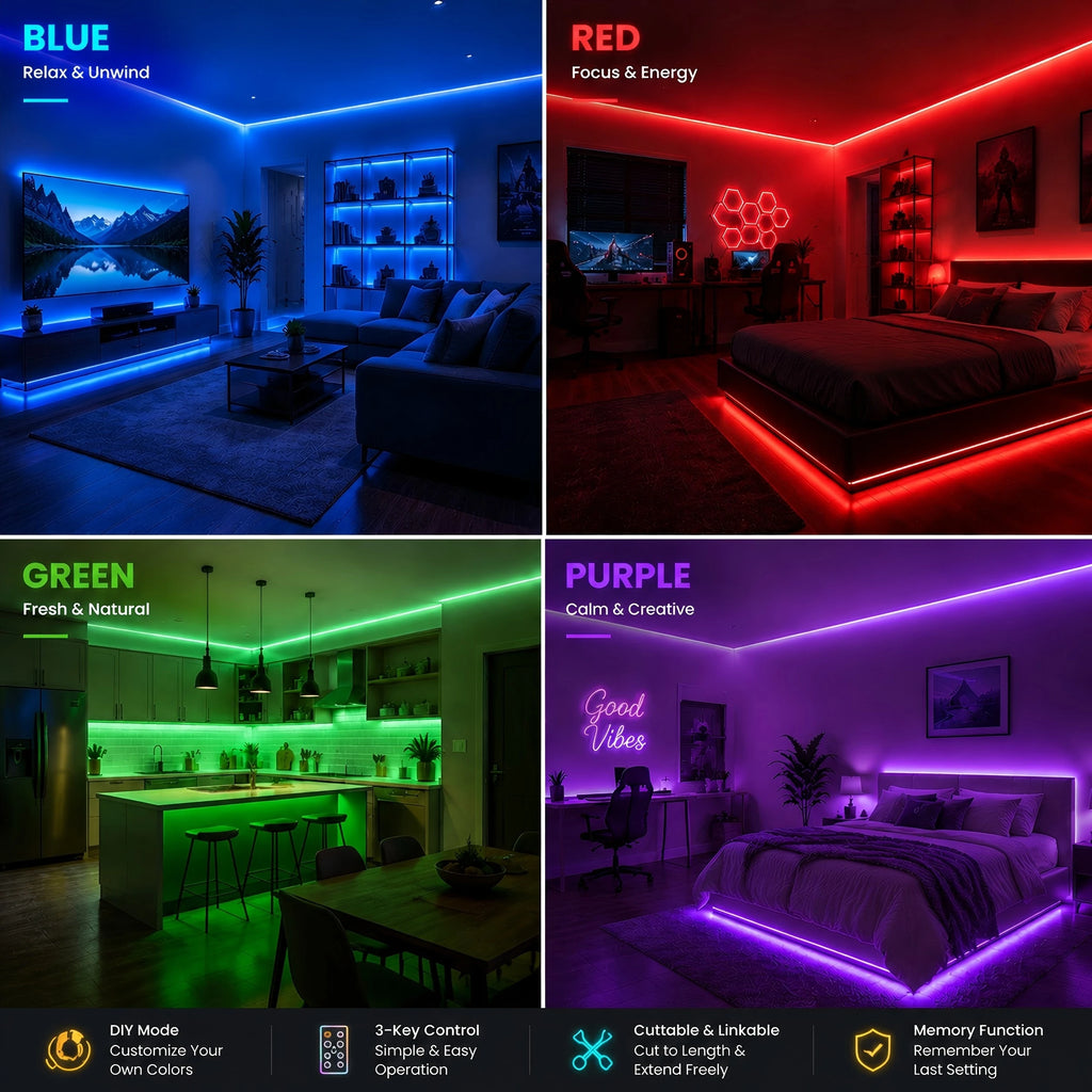 5V RGB light strip with 3-button control, USB powered, suitable for game rooms, living rooms, bedrooms, and holiday decorations.