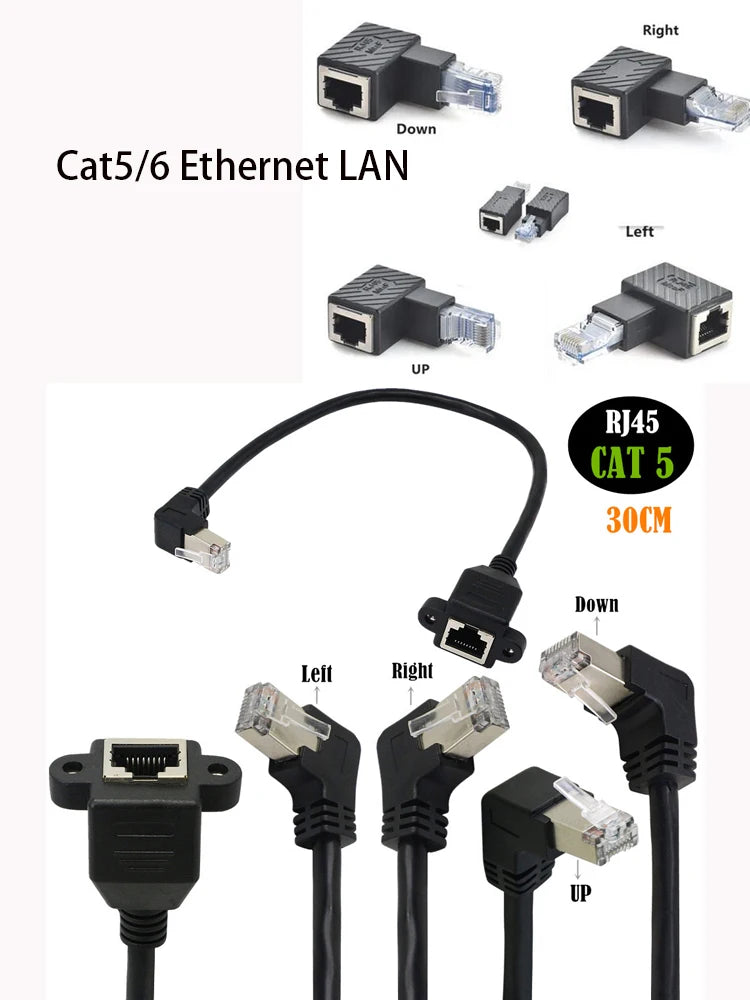 90/180/270 Degree Right Angle RJ45 Male to Female Cat5/6 Ethernet LAN Extension Adapter Cable  Screw panel mount Ethernet 30cm