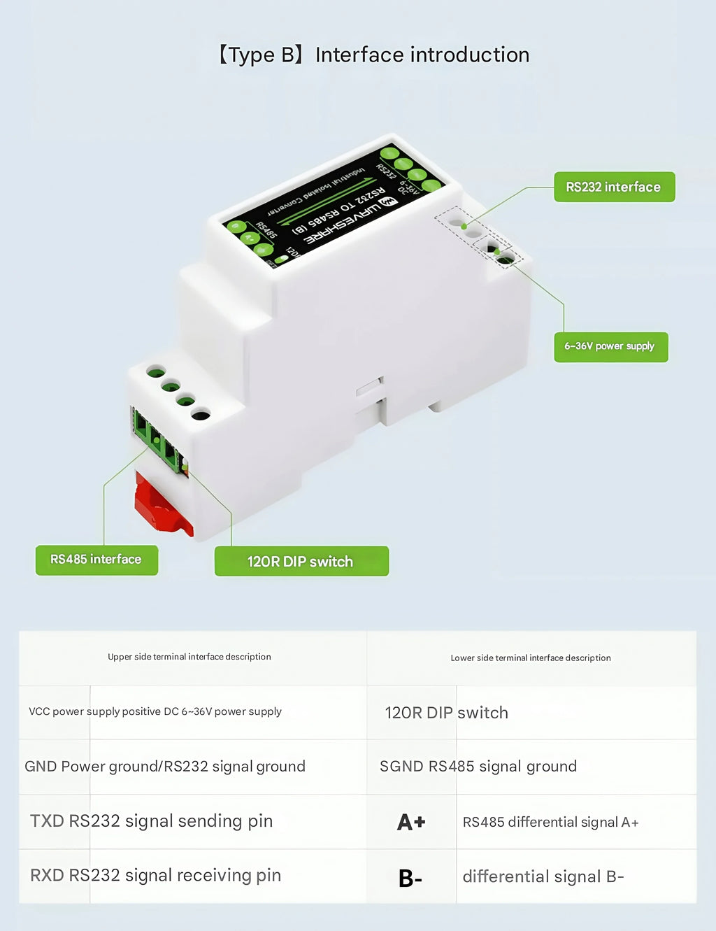 DIN-rail RS232 to RS485 serial communication converter module Active digital isolation Industrial communication