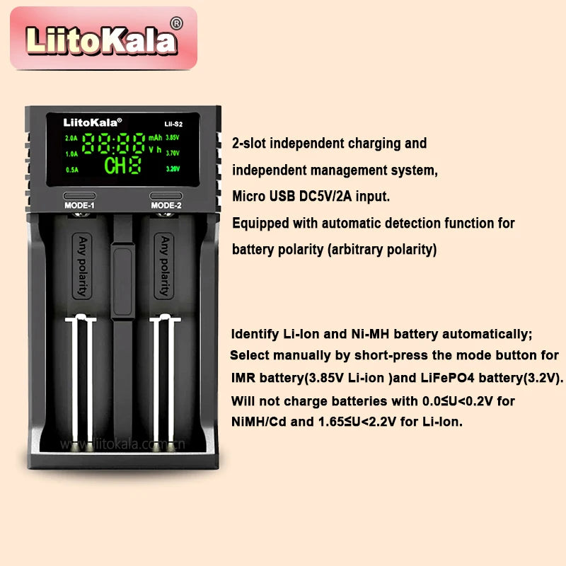LiitoKala Lii-S2 Multi-Compatible Charger - Supports AA, AAA, 18650, 26650 Lithium Ion Batteries