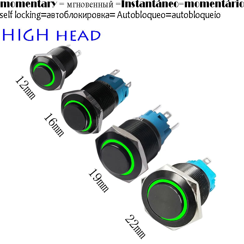 High Head 12/16/19/22mm Black Shell Car Dashboard Waterproof Metal Button Switch LED 12V/24V/220V Self-locking Fixed Momentary