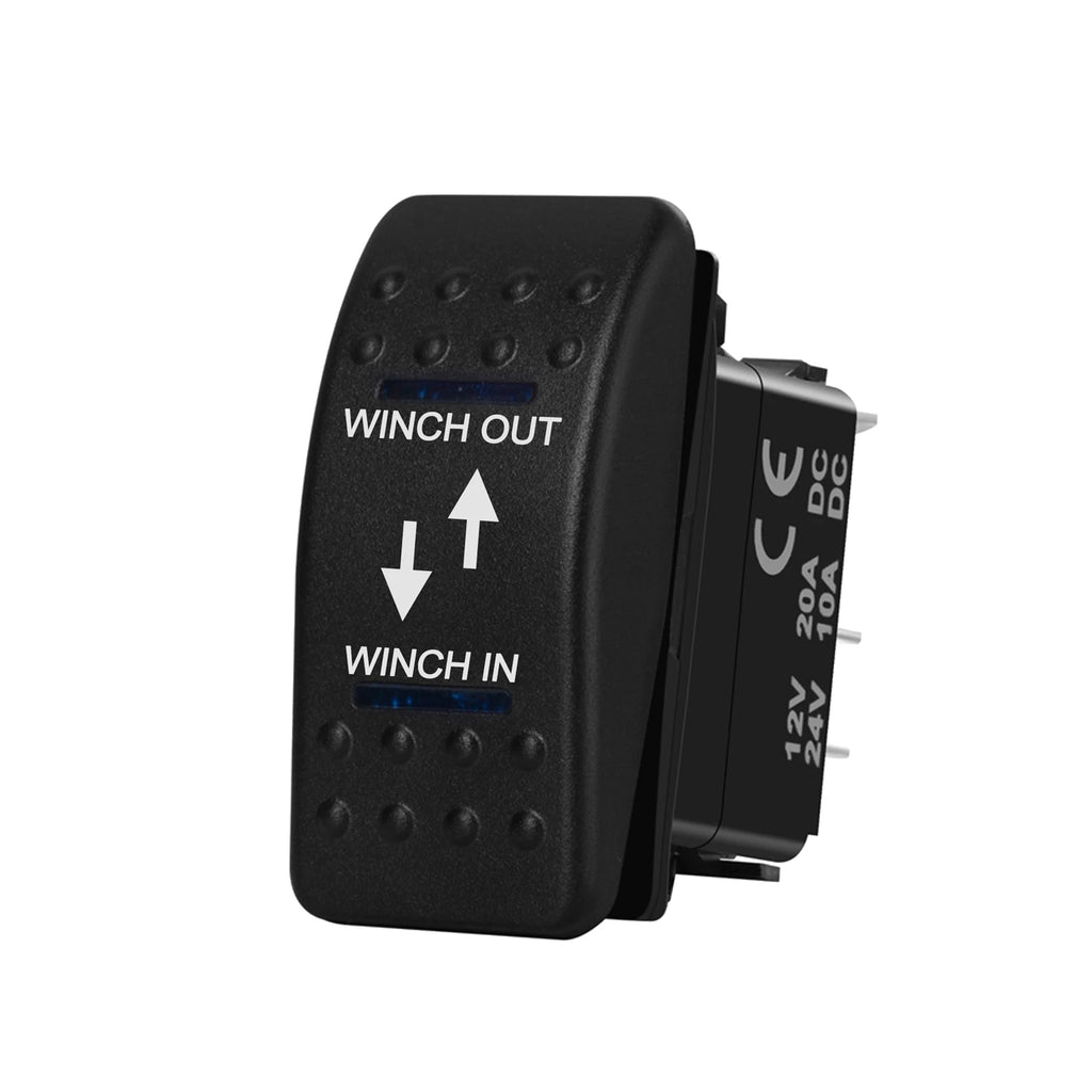 12V 20A Winch In Winch Out Switch DPDT Momentary (ON) OFF (ON) Rocker Switch 3 Position Blue Led Waterproof Reversing Switch