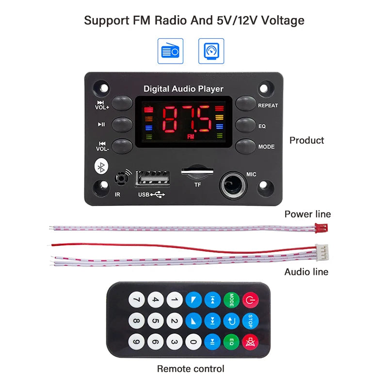 DC 5V 12V Audio Player Bluetooth 5.0 MP3 Decoder Board Hands-free Car Microphone USB TF FM Radio MP3 Music Player Speaker