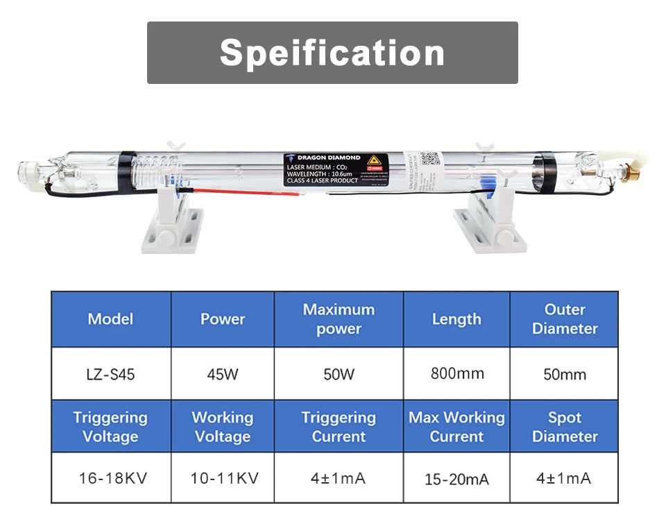 40W-45W Co2 Laser Tube Metal Head Glass Pipe Length 800mm Lamp Diameter 50mm High Power For CO2 Laser Engraving Cutting Machine