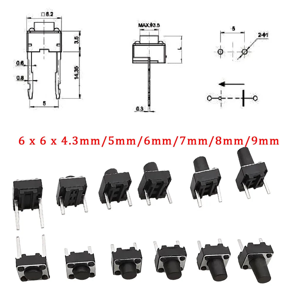 20/50/100 Pcs Micro Tactile Switch Momentary Tact DIP Switch 2 Pin 6 X 6 mm Micro Touch Push Button Switch High 5 mm 6 mm 7 mm 8