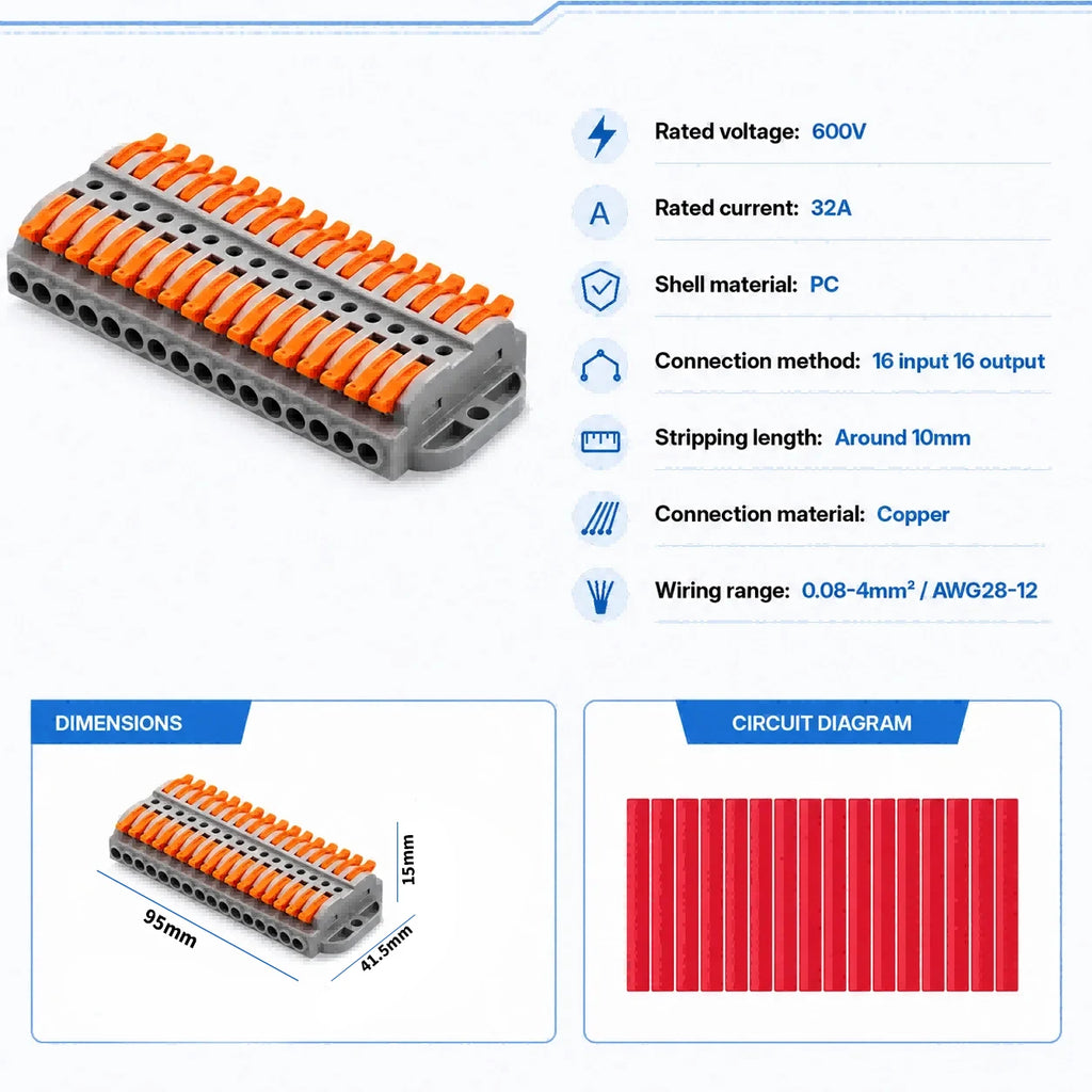 2P-30P Lever Electrical Wire Connector Terminal Block Electrical Cable Connectors Wire Terminals 1 In 1 Out Screw Mount 600V 32A