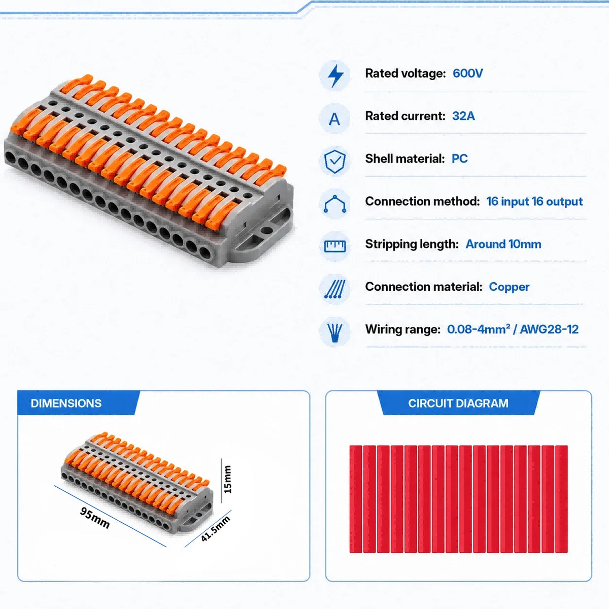 2P-30P Lever Electrical Wire Connector Terminal Block Electrical Cable Connectors Wire Terminals 1 In 1 Out Screw Mount 600V 32A