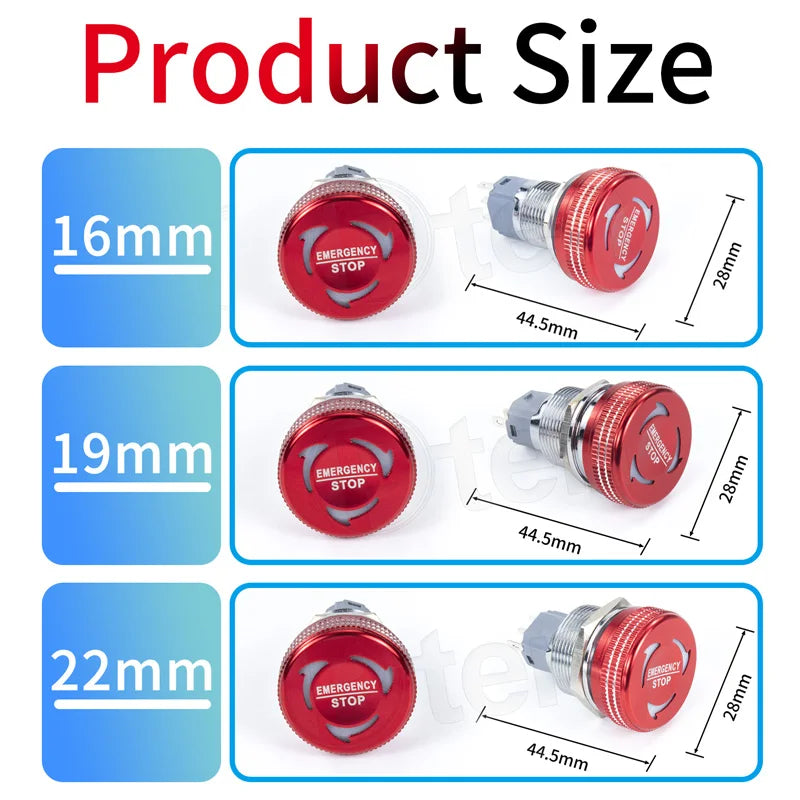 16/19/22mm Metal Emergency Stop Button Switch stainless steel waterproof mushroom head Rotation reset Anti-slip with lights PTEN