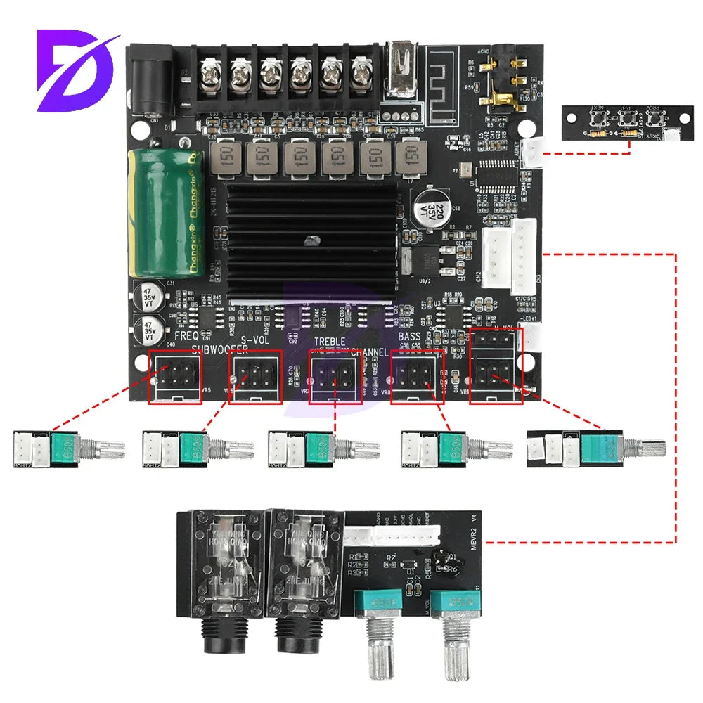 DC 12-24V MT21S Lead Version Ktv Microphone And Audio All-In-One Machine 2.1 Channel Bluetooth Amplifier Board 50W+50W+100W