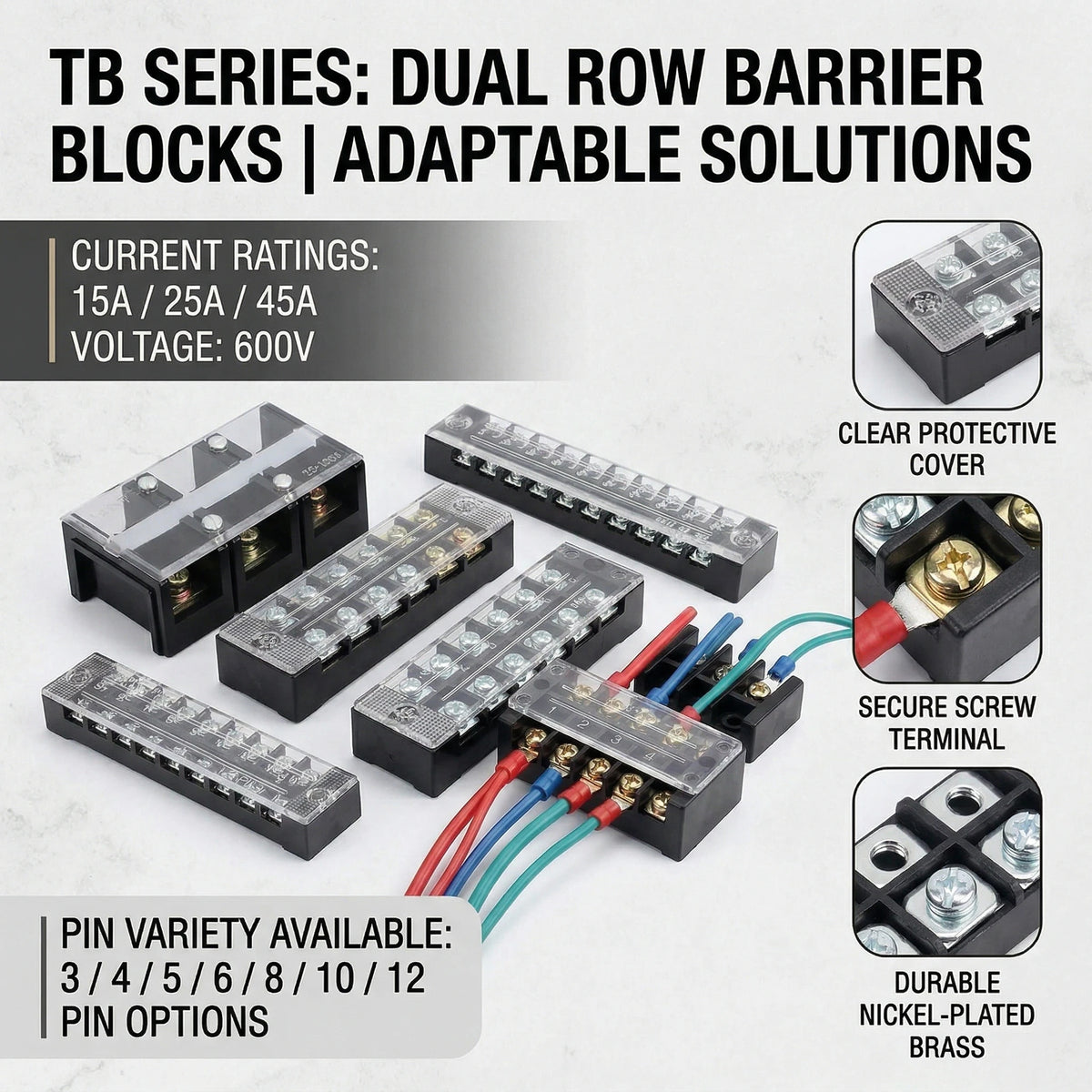 10PCS 600V 15A Barrier Strip Terminal Block Wire Connector TB-1503 TB1504 TB1505 TB1506 TB-1510 TB-1512 TB-2503-2504-2506-2508