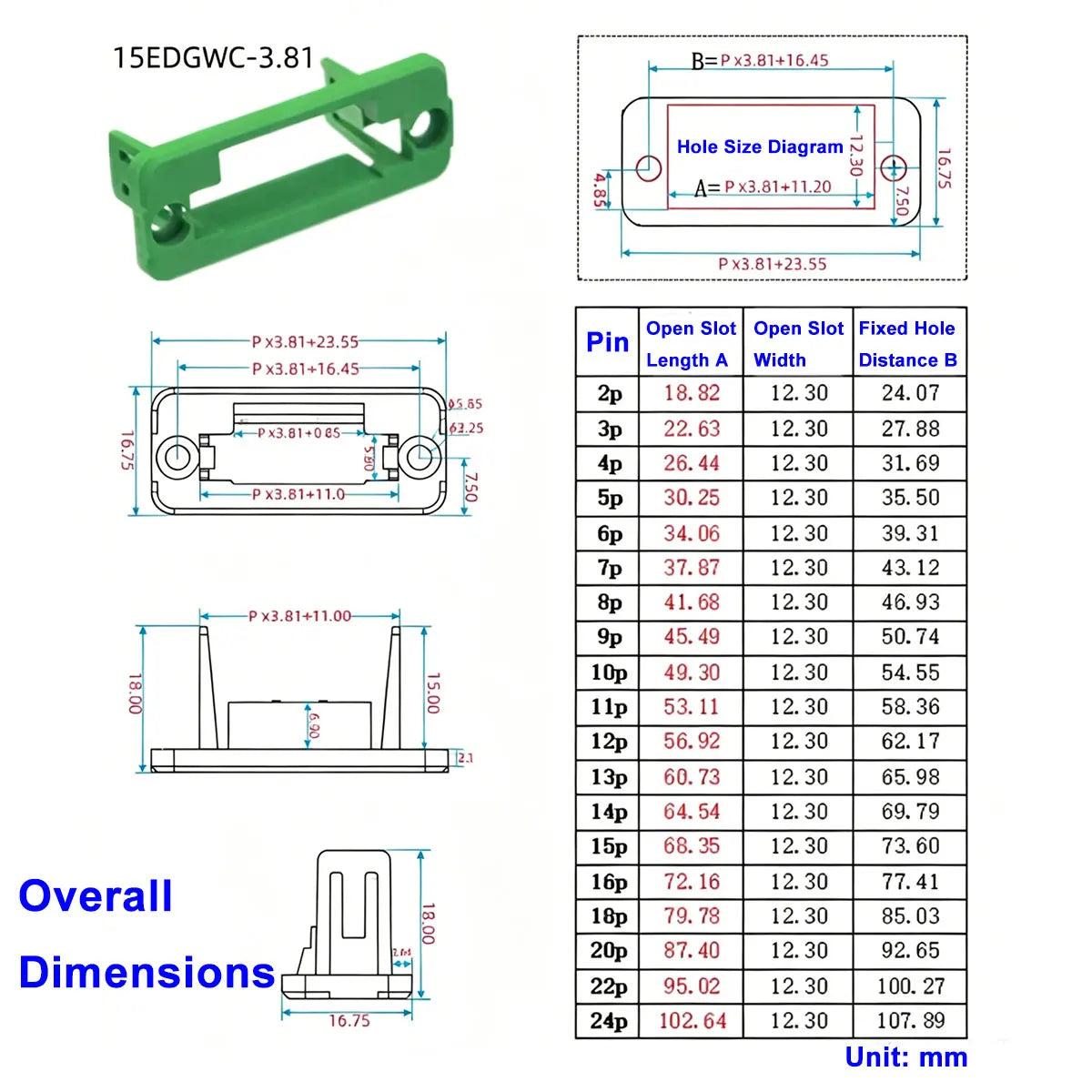 1Set Pitch 3.81mm 2P/3P/4P/5P/6P/7P/8P/9P/10P/12P/16P Pluggable Terminal Block Connector Wall Through Non Welding Plug 15EDGWC