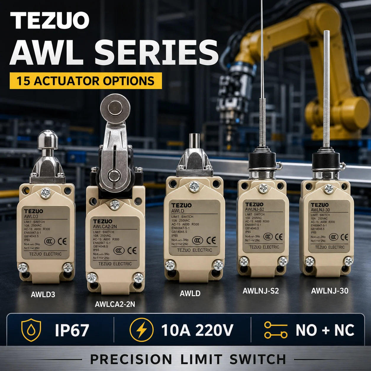 TEZUO AWL Series IP67 Limit Switch, 15 Actuator Models for Industrial Automation