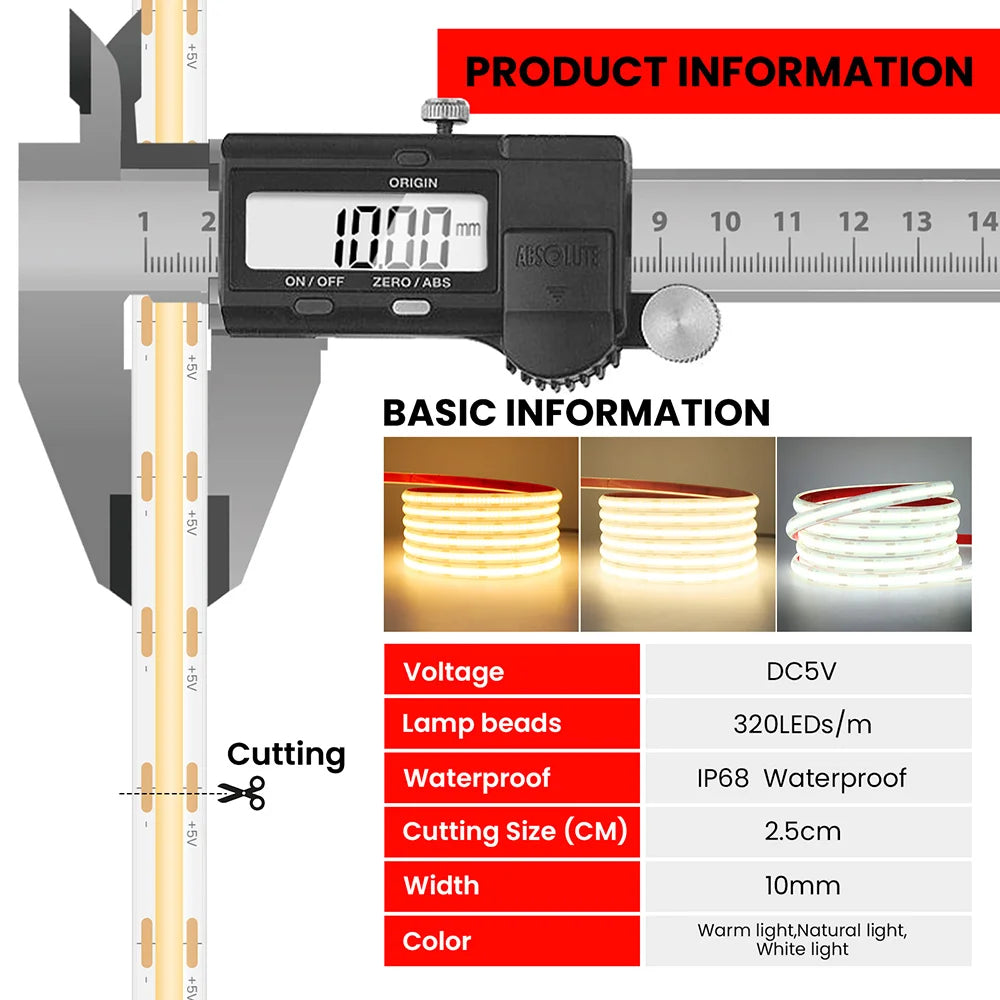 Waterproof Motion Sensor COB Light Battery USB Powered Led Strip IP68 5V Auto ON/OFF Cabinet Kitchen Staircase Liner Lighting