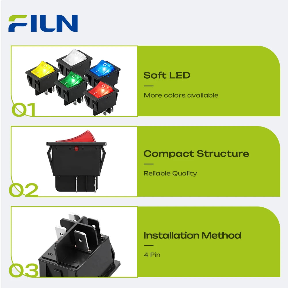 FILN 20A Rocker Switch 4 Pin ON-OFF 12V-24V 110V-220V Illuminated LED Power Switch PA66 Flame Retardant Marine Car Switch