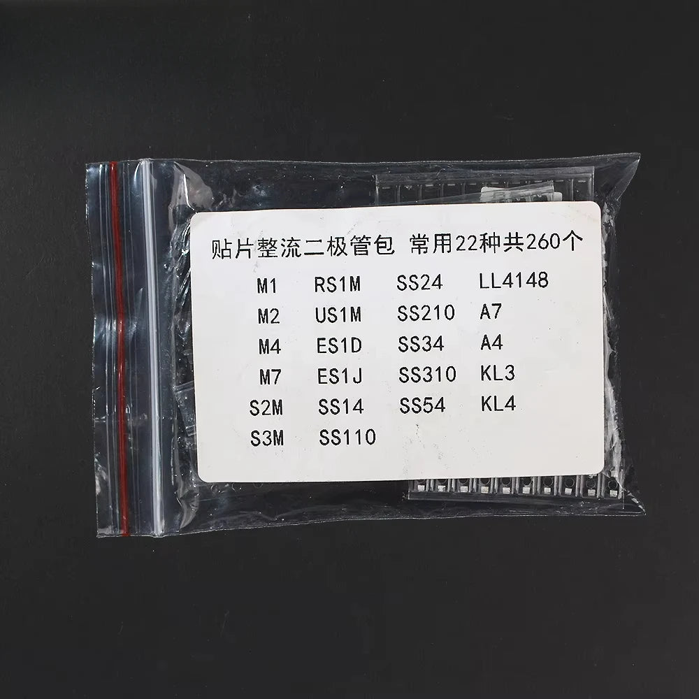 260PCS SMD Diode Assortment Kit Rectifier/Schottky/Switching Diodes M1/M4/M7/SS14/SS24/RS1M/US1M/SS34/SS54/BAT54C/BAT54S/LL4148