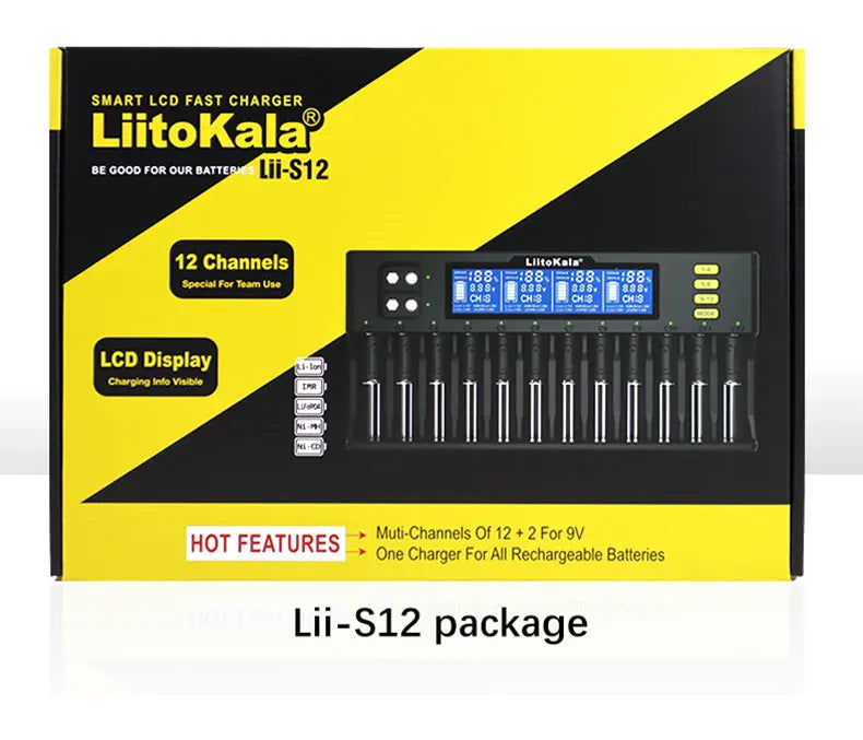 LiitoKala LiI-S12 Smart Charger 14 Slots - CE Certified Universal Charger for Li-ion/LiFePO4/Ni-MH/9V Batteries 18650, 26650, AA
