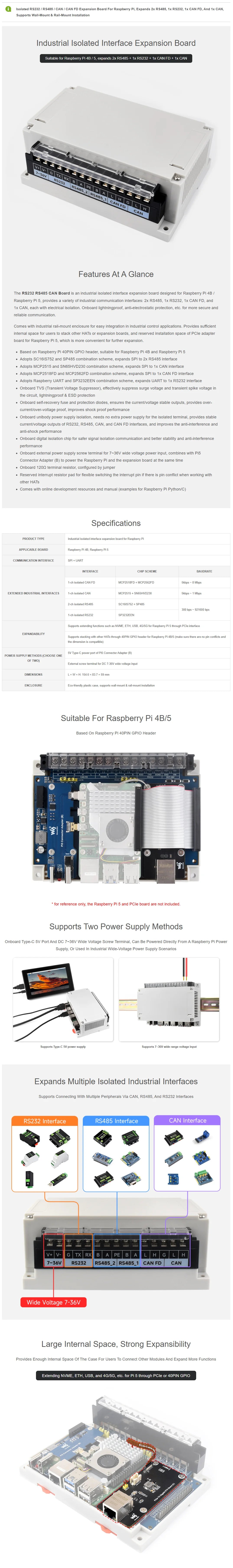 Waveshare Isolated RS232/RS485/CAN/CAN FD Expansion Board For Raspberry Pi, Expands 2x RS485, 1x RS232, 1x CAN FD, and 1x CAN