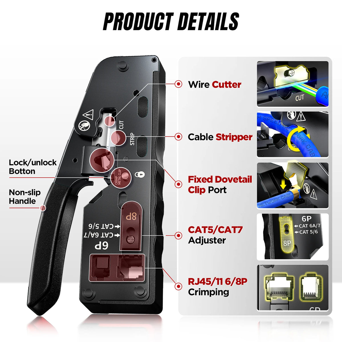 AMPCOM RJ45 Crimper CAT7 Crimping Tool for Pass Through RJ11 RJ45 Connector CAT6 CAT5E Modular Plugs With Wire Stripper Cutter
