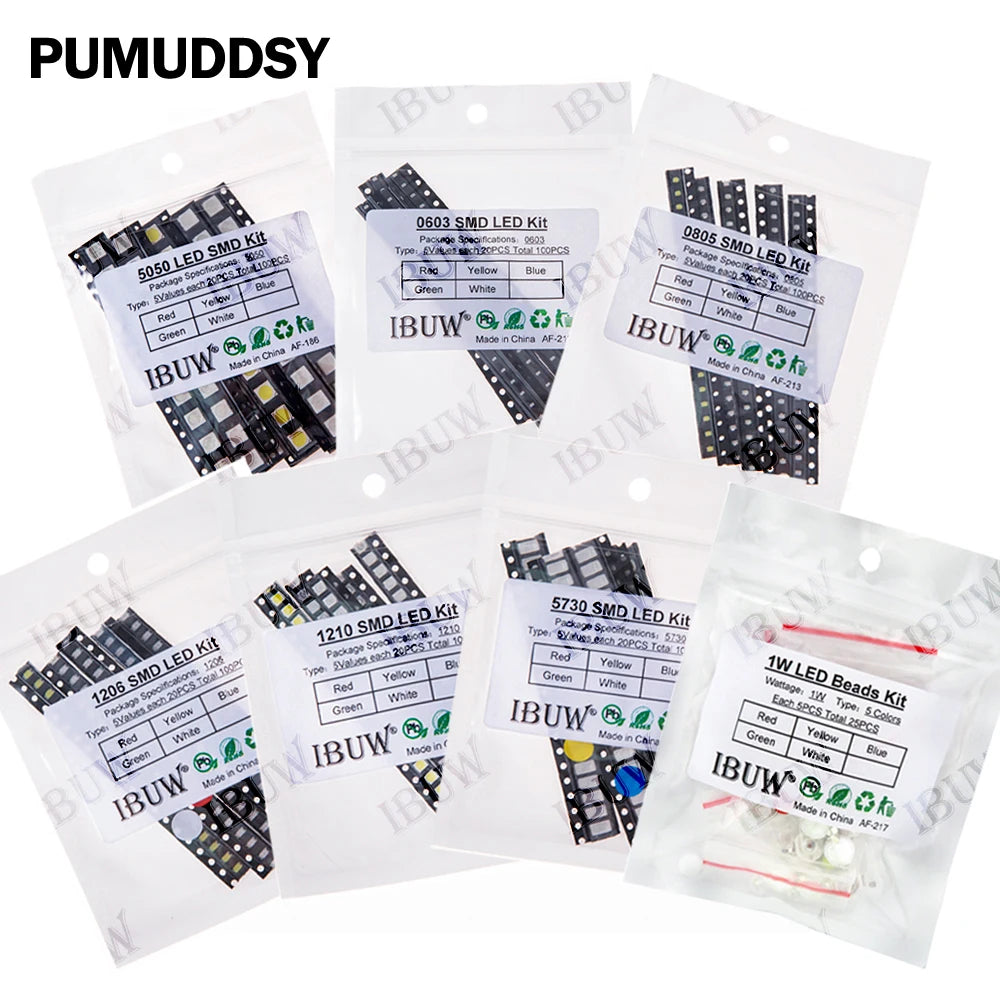 100pcs 5colors Each 20pcs 5730 5050 3528 1210 1206 SMD LED Diode Kit Red Green Blue White Yellow 0805 0603 0402